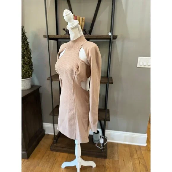 HERVE LEGER Ottoman Cutout Long Sleeve Minidress Fawn Womens Size Large - Picture 8 of 13